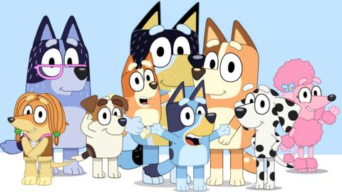 Bluey and friends and family are on a blue background.