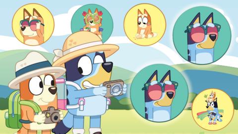 Bluey and Bingo are two cartoon dogs, they are dressed in adventure safari outfits and holding cameras, there are bubbles of other characters around them, this is a game of matching the pairs.