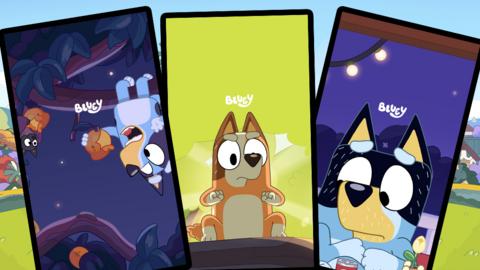 Three phone screen images showing bandit, bluey and chilli.