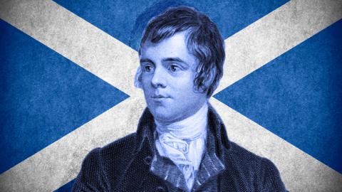 An image of Robert Burns in front of a Scotland flag