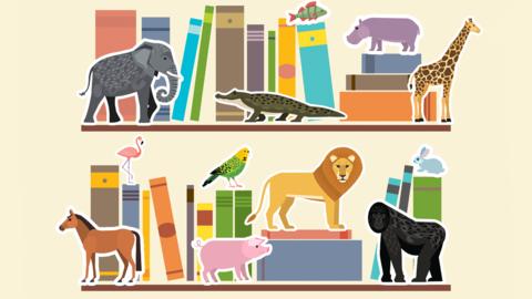 An illustration of a bookcase with various animals standing on the books.