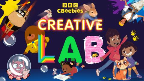 A colourful collection of CBeebies characters, drawing, playing and splashing paint by the words 'Creative Lab'.