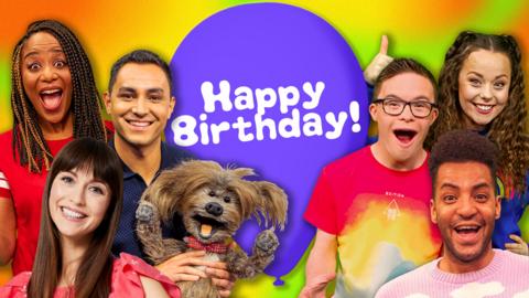 All 6 CBeebies presenters stand in front of a balloon which reads "Happy Birthday!"