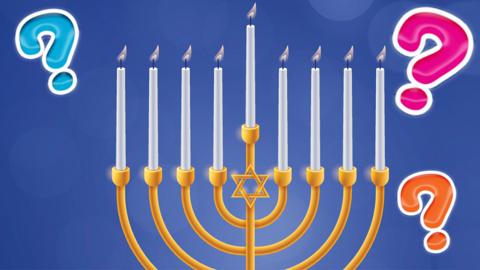 A picture of a menorah, surrounded by question marks.