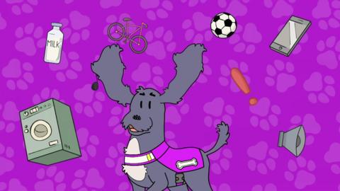 Illustration showing Diesel a black dog with its ears in the air, and items like a phone and football are surround them. Purple paw background.