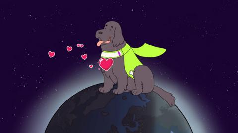 Illustration shows a black dog wearing a cape, sitting on Earth, with hearts around them.