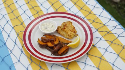 Esmae\u2019s Norfolk Fish with Sweet Potato Wedges and Tartar sauce