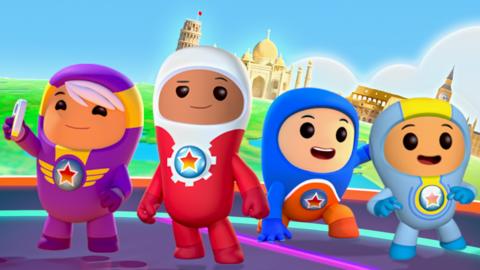 The Go Jetters stood in front of famous landmarks.