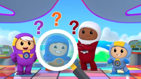 the Go Jetters, a magnifying glass and question marks.