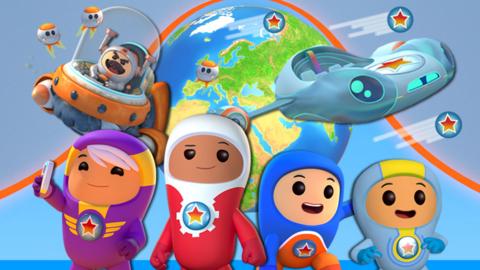 Go Jetters Global Glitch game thumbnail with Xuli, Lars, Kyan, Foz, Grandmaster Glitch, Grimbots and the Vroomster