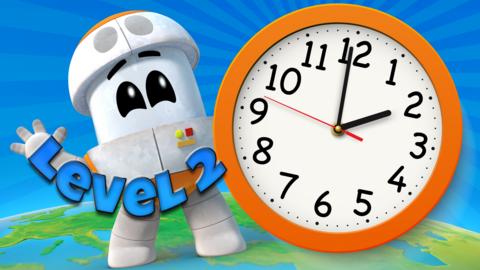 A Grimbot is holding a large clock and the word "Level 2"