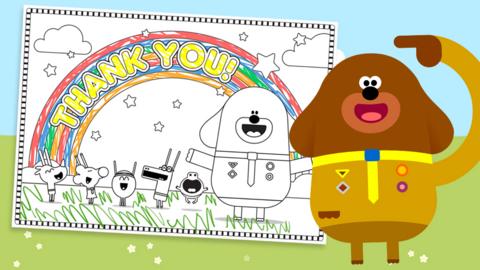 Duggee is pointing at a piece of paper that says 'thank you' coloured in, and has Hey Duggee characters around it ready to colour in.