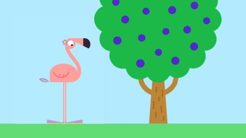 Illustration of a flamingo next to a mulberry bush.