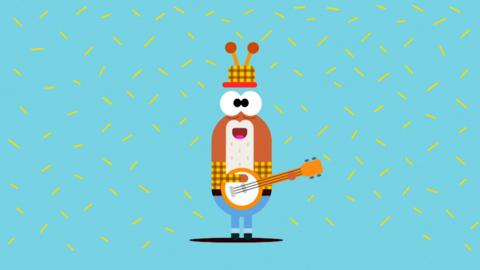 Billy the Dancing Bug is illustrated holding a ukulele, wearing yellow checkered shirt and jeans.