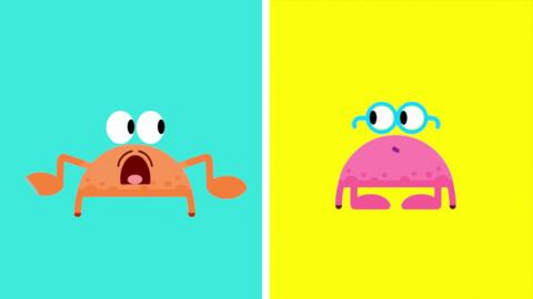 An orange crab with a shocked face on a blue background and a pink crab with blue glasses on a yellow background.