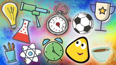 A collection of cartoon objects on a colourful background, including a lightbulb, a clock, a medal and a food bowl.