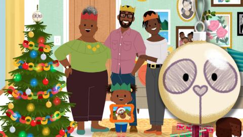 JoJo, her mum and dad and Gran Gran are wearing party hats, standing next to a large panda bauble in a christmas decorated living room.