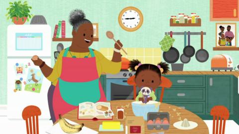 JoJo& Gran Gran are in the kitchen, baking together with Panda.