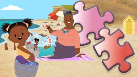 JoJo and Gran Gran are sitting on a beach with cliffs and sea in the background. Two jigsaw shapes are next to the characters.