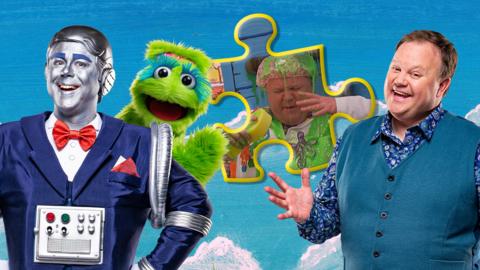 Justin, little monster and Robert are smiling, with a sky background and a piece of a jigsaw that has justin covered in slime on.