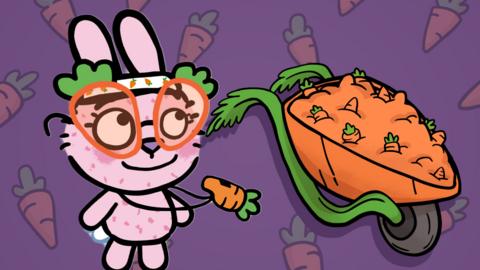 Tiniest Fluffiest Bunny - a pink bunny is on a carrot background with a barrow full of carrots next to her.