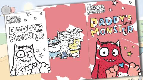 Half coloured in card with text reading 'daddy's little monster'.