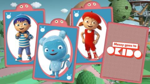 Four playing cards with Characters from Messy goes to Okido.