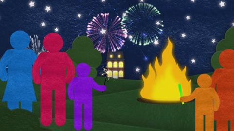 Illustration showing people around a fire outside with fireworks in the background.