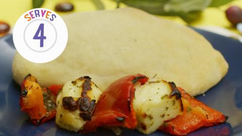 鶹Լmade Pitta and Halloumi Kebabs with text that reads 'serves 4'.