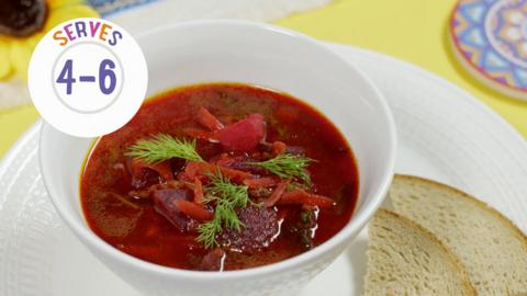 borsht in a bowl with text that reads 'serves 4-6'.