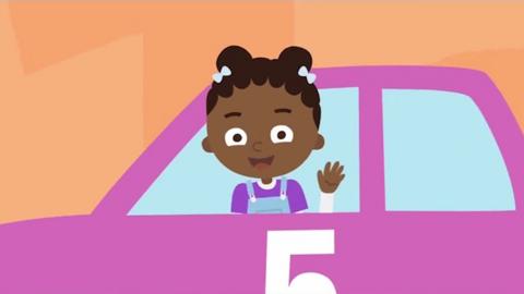 Illustration of a young girl leaning out of a car, waving and smiling.