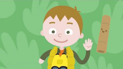 Illustration of a young boy smiling and waving, wearing binoculars around his neck, and a stick next to him.