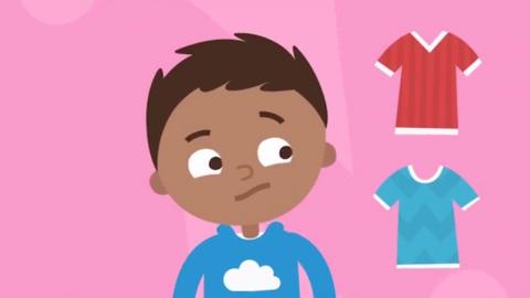 Illustration of a young boy looking confused at two tops next to him.