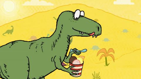 Illustration of a green T-rex dinosaur, holding a tub of ice cream whilst licking their tongue is hanging out.