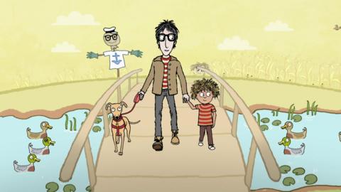 Illustration of a man with glasses holding a little boys hand and a dog on a lead. They are crossing a bridge over a lake.