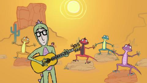 Illustration of a man dressed in a lizard costume,  holding a guitar. The background is the dessert with the sun shining and lizards.