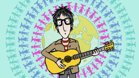 Illustration of a man, Nick Cope, holding his guitar with the earth behind him.