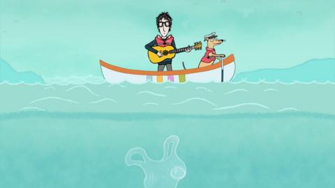 Illustration of a man with his guitar and a dog in a boat on the sea. There is a plastic bag in the ocean.