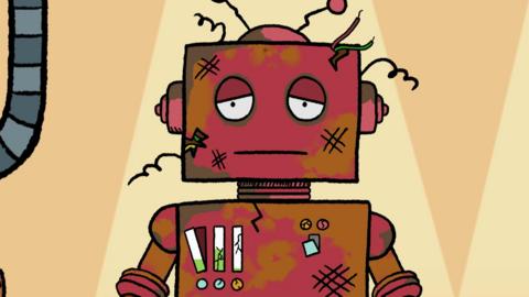 Illustration of a red robot that has a gum face and looks a bit worn down.