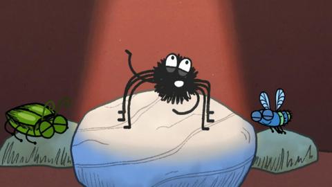 Illustration of a spider that is standing on a stone, in the spotlight.