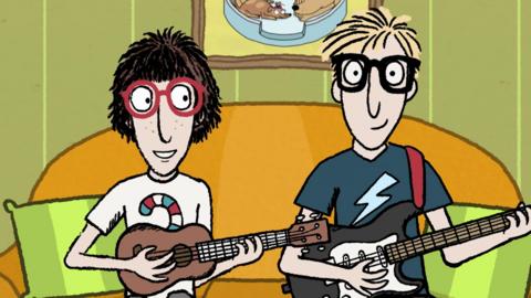 Illustration of two boys sitting on a sofa holding guitars.