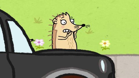 Illustration of a hedgehog that looks worried. A car is next to it on the road.