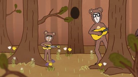 Illustration of a man and a boy dressed in a bear outfit, holding guitars in the woods.