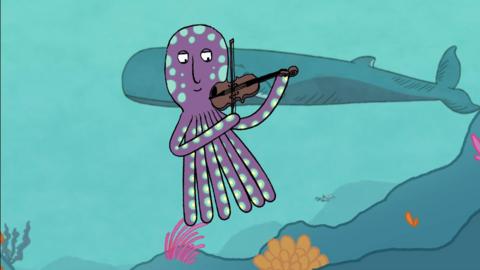 Illustration of under the sea, there is an octopus playing a violin with a whale in the background.