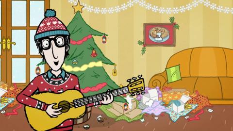 Illustration of a boy holding a guitar, there is a tree and festive decorations behind him.