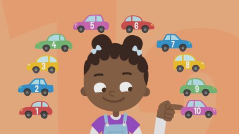 Illustration of young girl with ten cars surrounding her.