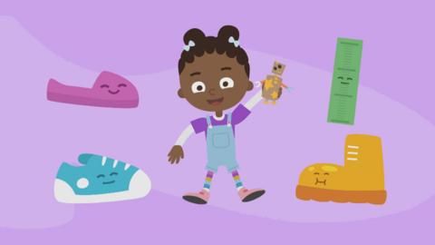 Illustration of a girl, holding a toy robot, next to three pairs of shoes and a ruler.