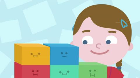 Illustration of a girl smiling at coloured shapes.