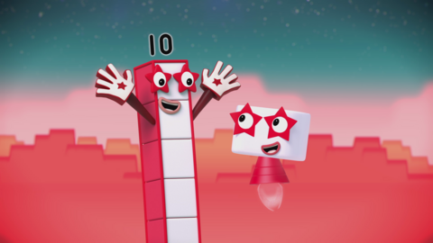 Numberblocks ten have their hands in the air and is looking at the ten times table.