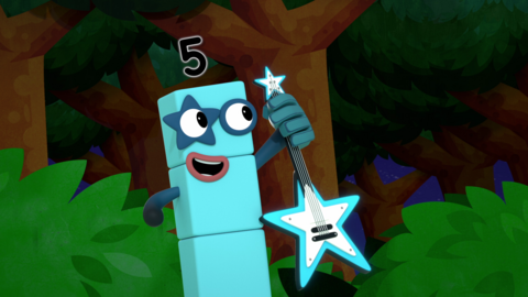 Numberblocks five is holding a star shaped guitar and smiling.